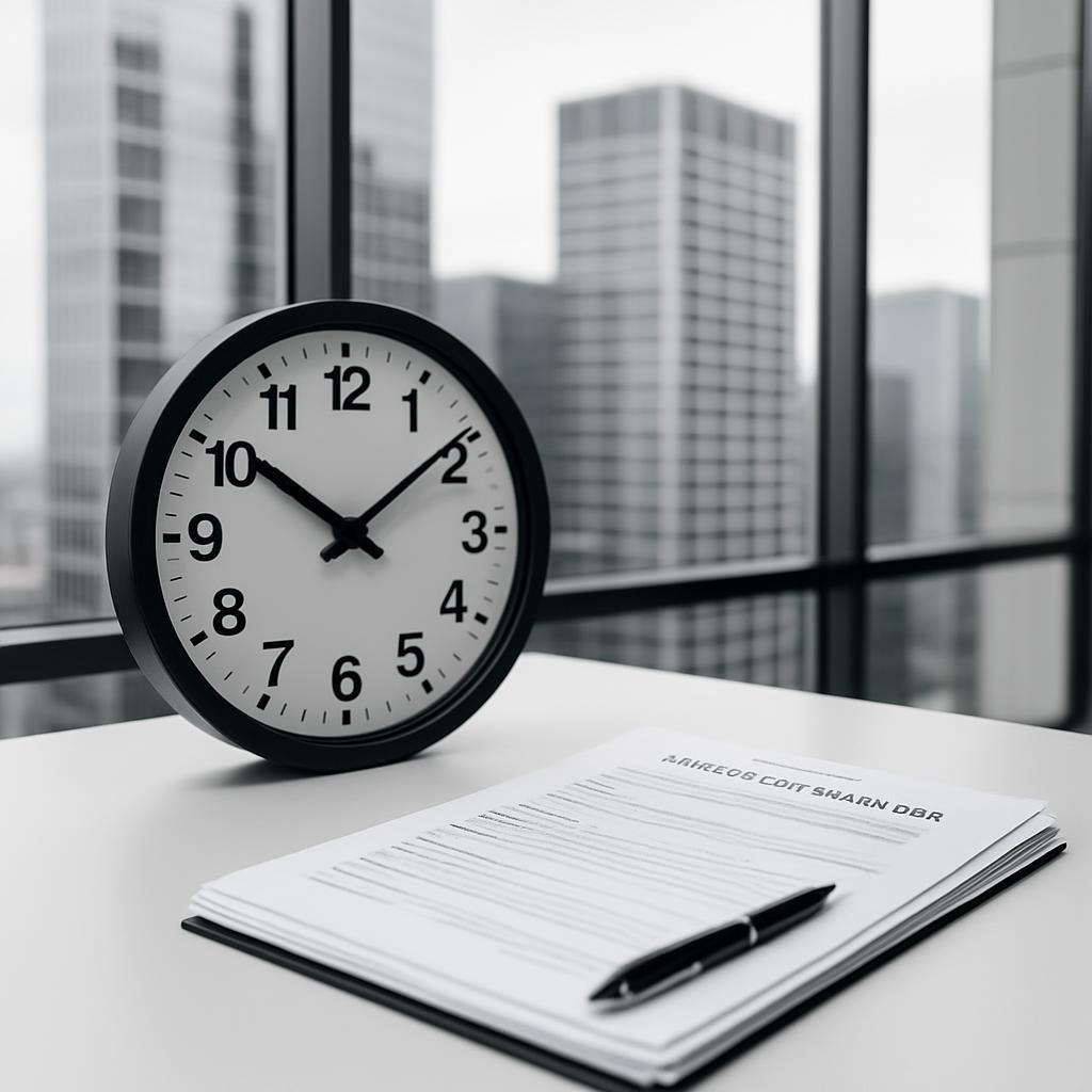 Here is the alt text for the image in Spanish: "Pizarron con reloj, cuaderno y bolígrafo con vista a las ciudades".